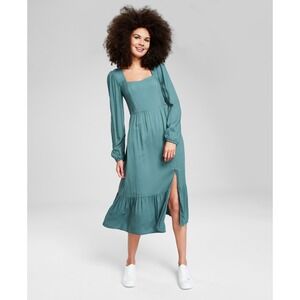 And Now This Dress Womens Large Green Square-Neck Tiered Flared Midi Casual NWT